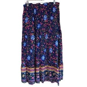 ZESICA Boho Dark Floral Tiered Peasant Maxi Skirt Cornflower Print Navy Pink M